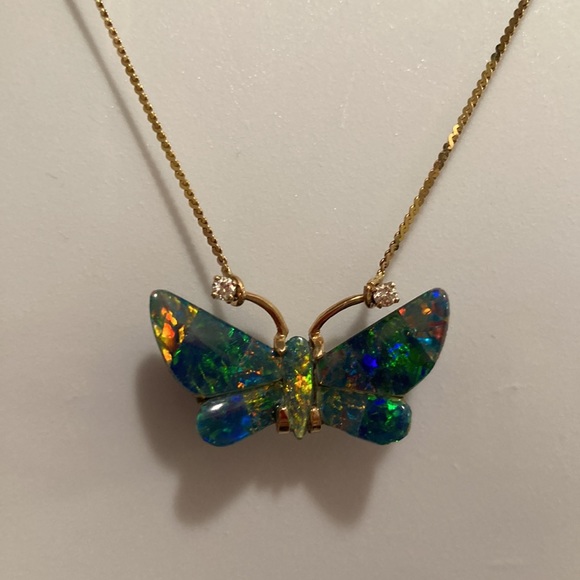 Black Opal, Diamond, and 14k Gold Butterfly Necklace - Picture 3 of 6